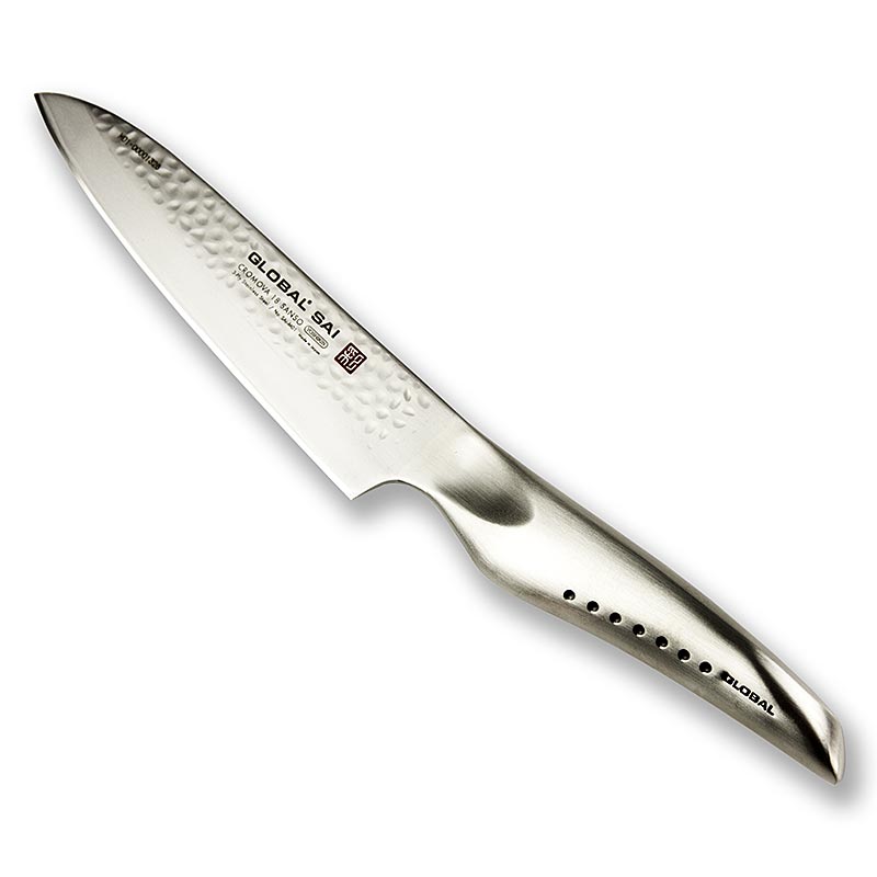 Global SAI-M01 Kochmesser, Hammerschlagdesign, 14cm, 1 St - hochwertiges japanisches Kochmesser mit handgefertigter Hammerschlagoptik und ergonomisch angelegten Daumenmulden
