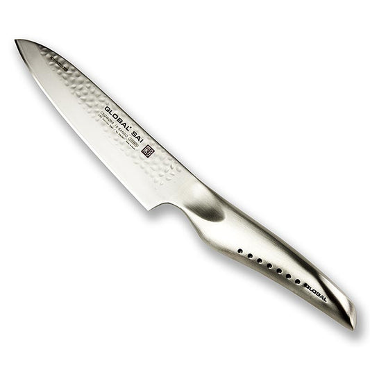 Global SAI-M01 Kochmesser, Hammerschlagdesign, 14cm, 1 St - hochwertiges japanisches Kochmesser mit handgefertigter Hammerschlagoptik und ergonomisch angelegten Daumenmulden