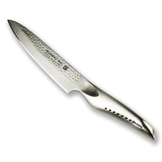 Global SAI-M02 Universalmesser mit Hammerschlagdesign und ergonomischem Griff Hergestellt aus Cromova 18 Sanso Material und SUS419 Stahl Handgefertigte Hammerschlagoptik für schöne Klingenoptik und praktischen Nutzen