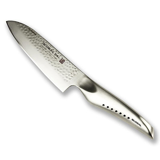 Global SAI-M03 Santokumesser, Hammerschlagdesign, 13,5cm, 1 St - Japanisches Santokumesser mit handgefertigtem Hammerschlagdesign, ergonomischem Griff und hochwertiger Cromova 18 Sanso Klinge Ideal für präzises Schneiden und einfache Handhabung
