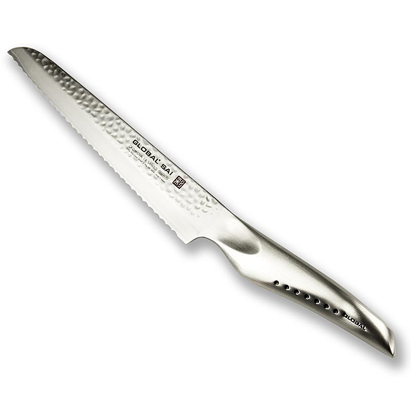 Global SAI-M04 Brötchenmesser, Hammerschlagdesign, 14cm, 1 St - Hohlräumige Messergriffe mit ergonomisch angelegten Daumenmulden und handgefertigter Hammerschlagoptik
