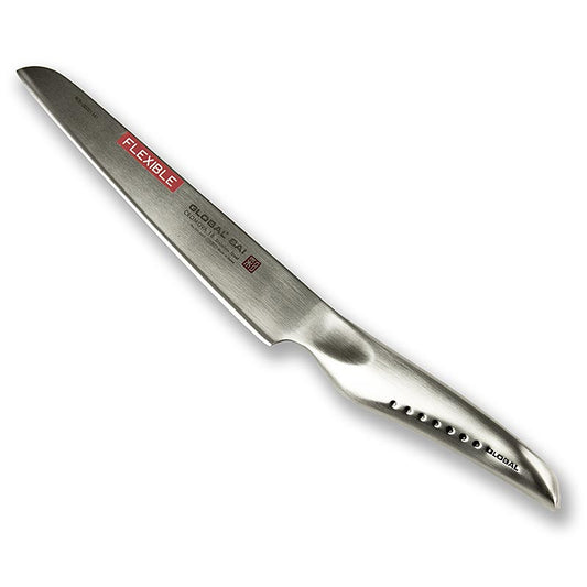 Global SAI-M05 Filetiermesser, flexibel, 17cm, 1 St - hochwertiges japanisches Messer mit hohlräumigem Griff und handgefertigter Hammerschlagoptik, das das Ablösen des Schnittguts fördert