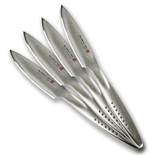 Global SAI-T01/4 Steakmesser-Set, 11,5cm, 4 tlg - Bild eines Global SAI Steakmesser-Sets mit handgefertigter Hammerschlagoptik und ergonomisch angelegten Daumenmulden, hergestellt aus hochwertigem Cromova 18 Sanso Material