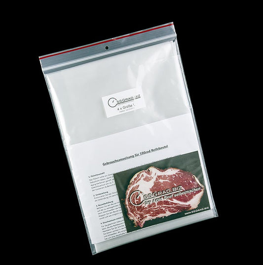 Membran-Reifebeutel Größe L, 300x600mm, für Dry Aged Beef, 55GRAD, 5 St - Vakuumierbeutel für Dry Aging von 55Grad zum Reifenlassen von Fleisch im Kühlschrank bei 3° Celsius für perfektes Dry Aged Beef