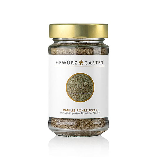 Gewürzgarten Vanille Rohrzucker, mit Madagaskar-Vanille, 200 g - Brauner Rohrzucker mit intensiver Aromatik der Madagaskar Vanille, perfekt geeignet zur Herstellung von Süßspeisen, Crème brûlée, Vanillesauce, Fruchtsalate und zum Süßen von Kaffee, Cappuccino und Tee