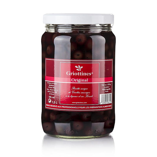 Griottines Original - Wildsauerkirschen in Kirschwasser, süß, 15% vol, 1,5 l - Hervorragende mazerisierte Sauerkirschen von Grandes Destilleries Peureux Geeignet für verschiedene Zubereitungen in der Patisserie und an der Bar
