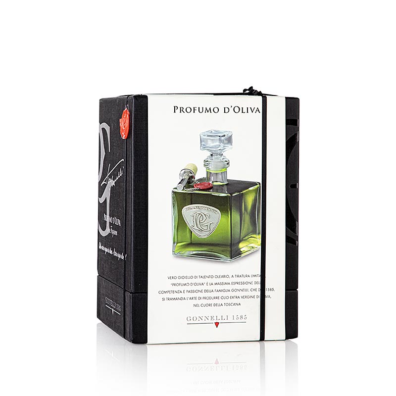 Schmuckkarton mit 500 ml Natives Olivenöl Extra, Santa Tea Gonnelli Profumo D´Olivia, ein extra natives Olivenöl von höchster Qualität, persönlich entwickelt und überwacht von Piero Gonnelli, herb, pikant und olivig, ein Elixier für den Kenner