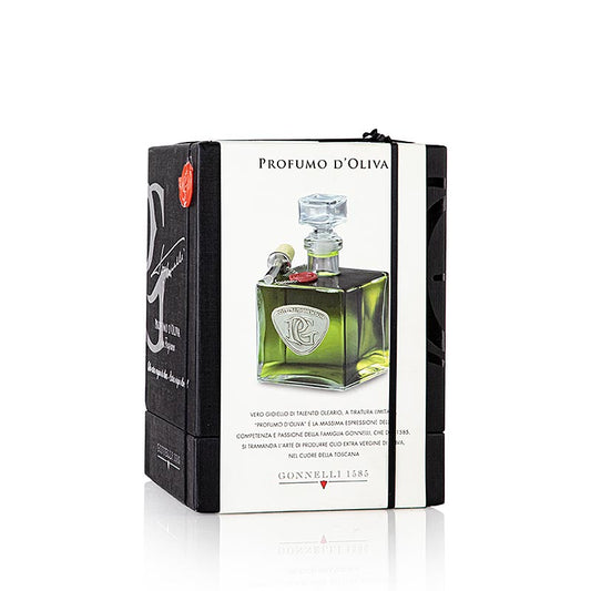 Schmuckkarton mit 500 ml Natives Olivenöl Extra, Santa Tea Gonnelli Profumo D´Olivia, ein extra natives Olivenöl von höchster Qualität, persönlich entwickelt und überwacht von Piero Gonnelli, herb, pikant und olivig, ein Elixier für den Kenner
