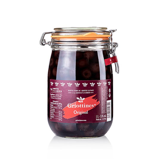Griottines Original, halbkand Sauerkirschen oKern oStiel, in Likör,15% vol, 1 l - Qualitativ hochwertige mazerisierte Sauerkirschen von Grandes Destilleries Peureux, ideal für Patisserie und Bar-Dekorationen