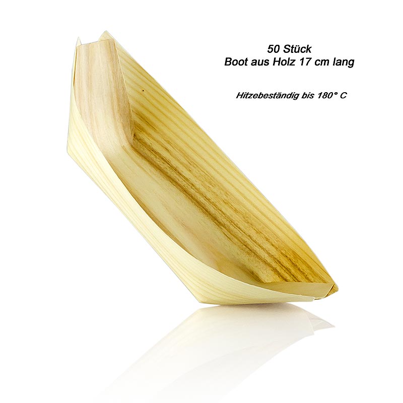 Barchetta in legno monouso, circa 17-18 cm, resistente al calore fino a 180° C, 50 pezzi.