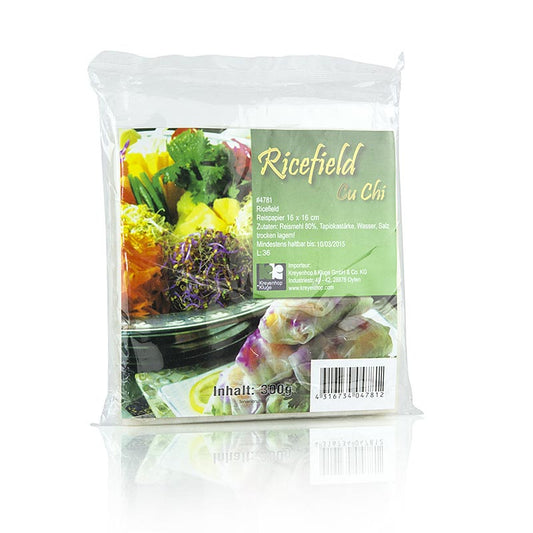 Reispapier, quadratisch, 16x16cm, 300 g, 40 Blatt, zum Einweichen und Verwenden für Frühlingsrollen und Teigtaschen Hergestellt aus getrockneten, dünnen Blättern aus Reismehl