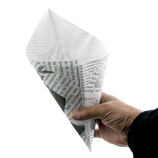 Einweg Snack Fish & Chips-/Pommes Frites-Tüten mit Zeitungspapierdruck, 21cm, 1050 St - Fettdicht und lebensmittelunbedenklich für Streetfood