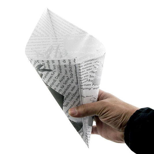 Einweg Snack Fish & Chips-/Pommes Frites-Tüten, mit Zeitungspapierdruck, 17cm, 1600 St - Fettdichte und lebensmittelunbedenkliche Tüten für Streetfood-Befüllung