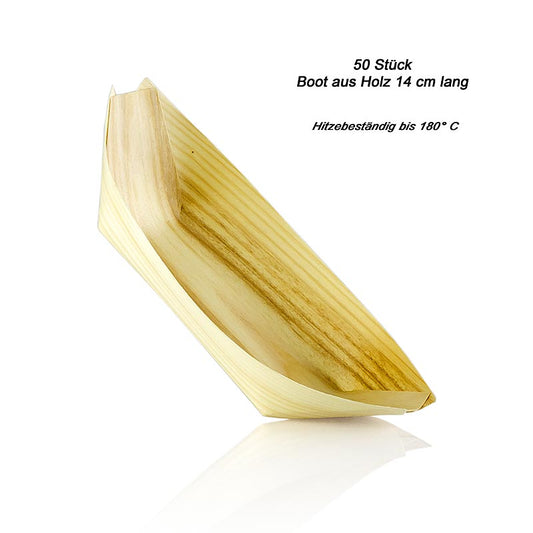 Einweg Boot aus flexiblem Holz, ca 14cm lang, hitzebeständig bis 180°C, ideal für Fingerfood und Flying Buffet, verpackt zu 50 Stück, mit Schiffmaßen von ca 14 x 7,5 x 1,5 cm und Bodenmaßen von ca 7,5 x 7,5 cm