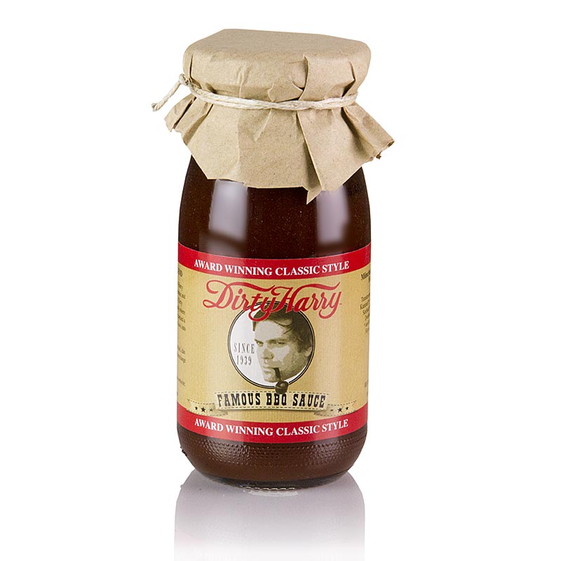 250 ml Flasche mit Dirty Harry´s berühmter BBQ-Sauce, BIO und vegan, hergestellt ohne künstliche Aromen, sondern mit echtem Rauchsalz für ein pikantes und kräftiges Aroma