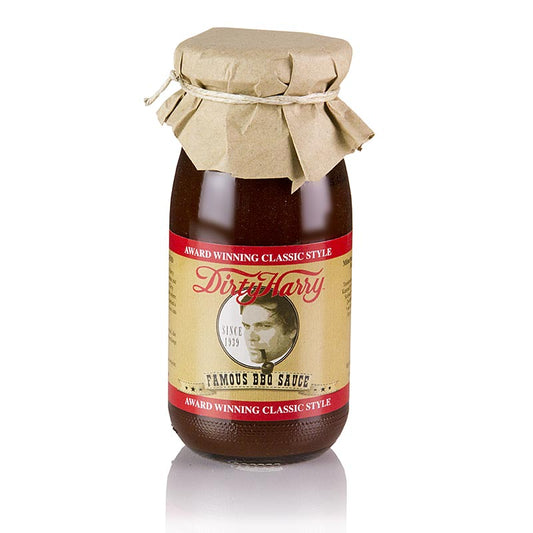 250 ml Flasche mit Dirty Harry´s berühmter BBQ-Sauce, BIO und vegan, hergestellt ohne künstliche Aromen, sondern mit echtem Rauchsalz für ein pikantes und kräftiges Aroma