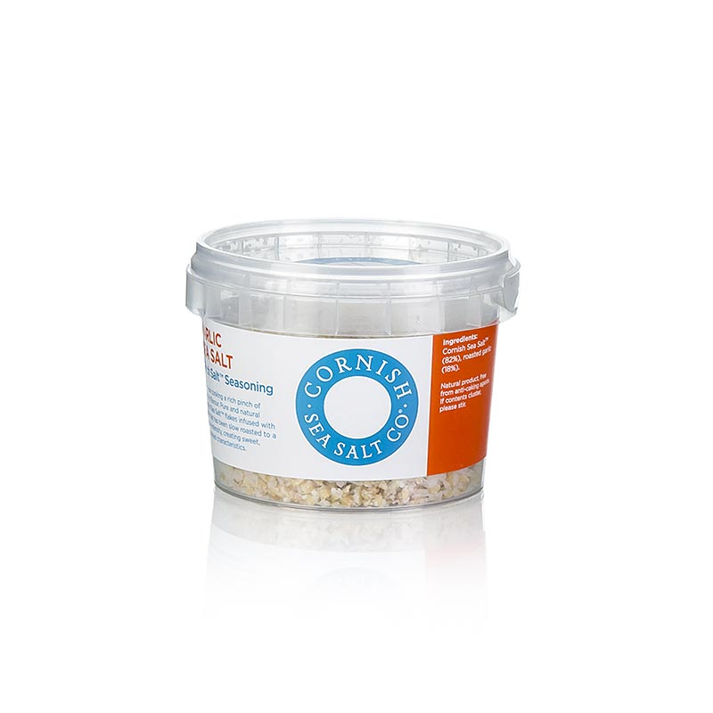 Meersalzflocken mit geröstetem Knoblauch aus Cornwall, mild und geschmacksintensiv, handgeerntet und verarbeitet, reich an Mineralien und Spurenelementen