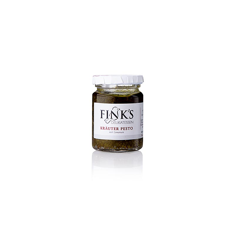 Kräuterpesto mit Limonen, Fink´s Delikatessen, 80 g - Erfrischendes, würziges und leichtes Pesto, hergestellt in Walkersdorf, mitten im steirischen Obstland, auf mineralstoffreichen Böden über vulkanischem Gestein, kultiviert aus wertvollen alten Obstsorten wie Maschansker, Kriecherln, Hauszwetschken oder Weingartenpfirsich, um den reinen und kräftigen Geschmack aus der Natur zu bewahren