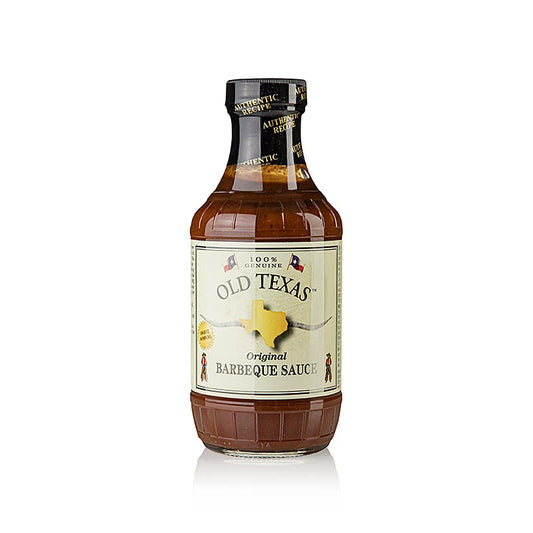 Flasche mit 455 ml Old Texas Original BBQ Sauce, einer rauchigen und würzigen BBQ-Sauce, hergestellt ohne künstliche Konservierungsstoffe, Geschmacksverstärker und Farbstoffe, ideal für Spare Ribs und Fleischgerichte
