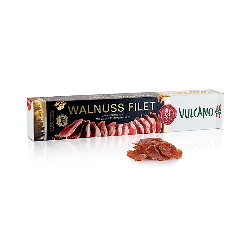 VULCANO Walnussfilet, aus der Steiermark, 250 g - Luftgetrocknetes Schweinsfilet mit Walnüssen, hergestellt von der Vulcano Schinkenmanufaktur im Steierischen Vulkanland, mit ausgewogener Würzung und Räucheraromen, artgerecht gefüttert und lange gereift