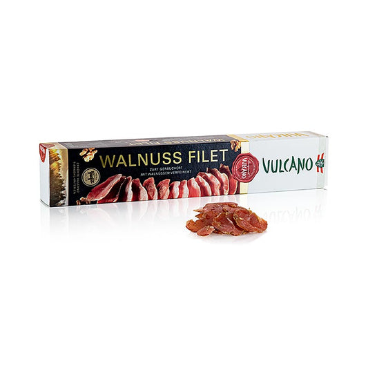 VULCANO Walnussfilet, aus der Steiermark, 250 g - Luftgetrocknetes Schweinsfilet mit Walnüssen, hergestellt von der Vulcano Schinkenmanufaktur im Steierischen Vulkanland, mit ausgewogener Würzung und Räucheraromen, artgerecht gefüttert und lange gereift