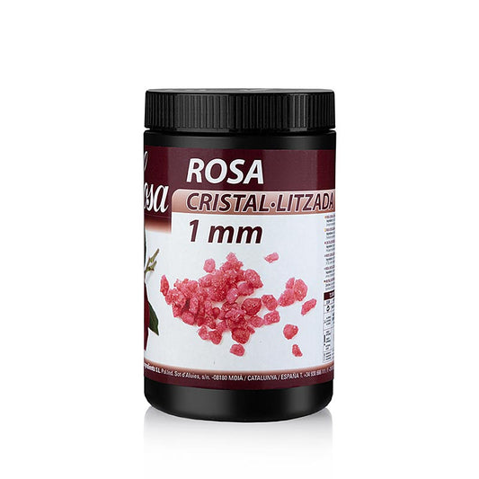 Kristallisierte rote Rosenblütenblätter der Marke Sosa Ingredients SL, einem führenden Hersteller von Premium-Zutaten für Gastronomie und Konditorei in Spanien, das seit 1967 handgemachte Kekse, traditionelle katalanische Weihnachtsartikel und Speiseeiszutaten herstellt und in mehr als 80 Länder exportiert