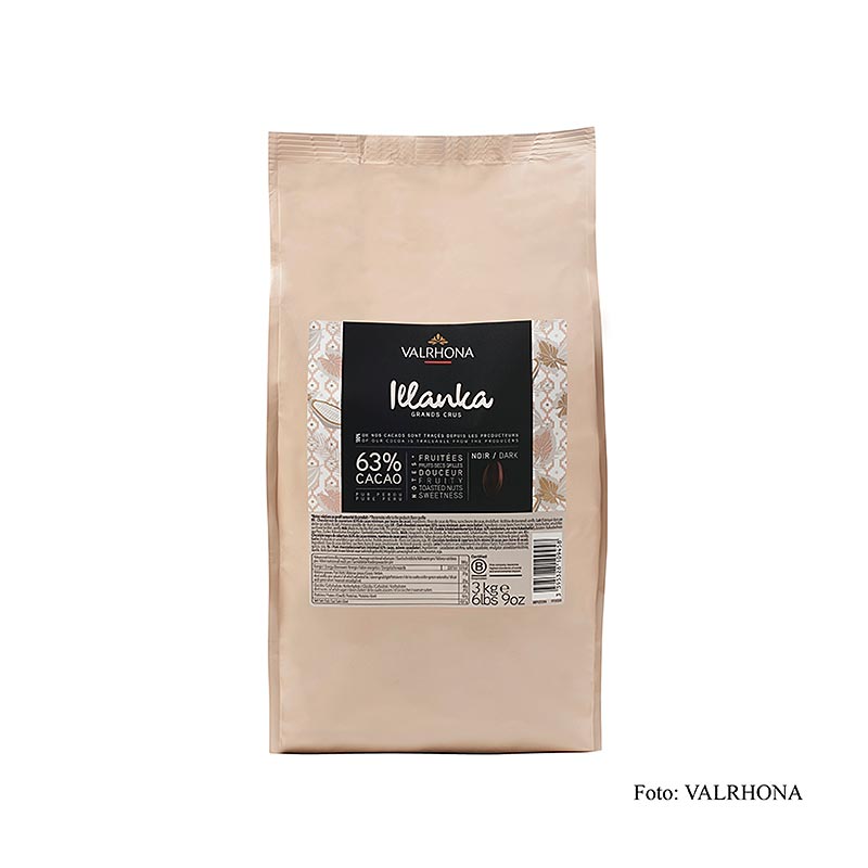 Valrhona Illanka, dunkle Couverture, Callets, 63% Kakao, Peru, 3 kg - Fruchtige & cremige dunkle Schokoladenkuvertüre für die Herstellung von Eis, Pralinenganache, Mousse, Torten usw
