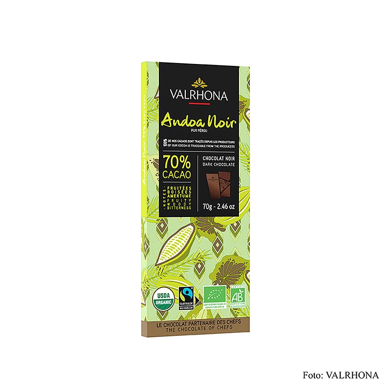 Valrhona Andoa Noire, Couverture dunkel, Tafel, 70 % Kakao, BIO, 70 g - Biologische dunkle Schokolade mit 70% Kakaoanteil, fair gehandelt, ideal für Patisserie-Anwendungen