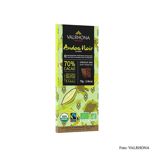 Valrhona Andoa Noire, Couverture dunkel, Tafel, 70 % Kakao, BIO, 70 g - Biologische dunkle Schokolade mit 70% Kakaoanteil, fair gehandelt, ideal für Patisserie-Anwendungen