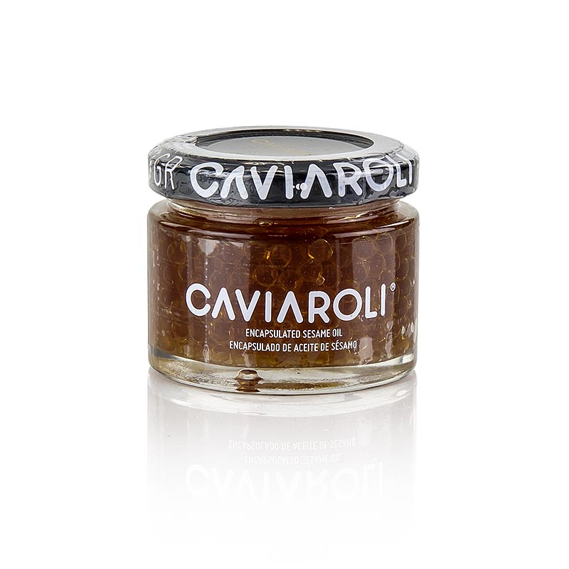 Close-up of Caviaroli® Ölkaviar, small pearls made from sesame oil, 50 g, perfect for adding flavor and texture to dishes (English)