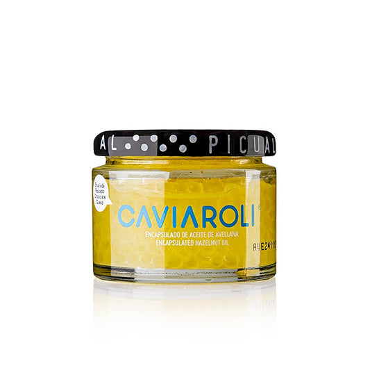 Haselnussöl in Form von kleinen Perlen, Caviaroli® Ölkaviar, ideal als elegantes Topping zu Suppen, Saucen und Salaten, für eine sparsame und gezielte Dosierung