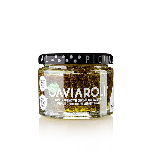 Caviaroli® Olivenölkaviar mit Basilikum, grüne Perlen aus Olivenöl, 50g-Glas, perfekt zum Garnieren und Würzen von Gerichten
