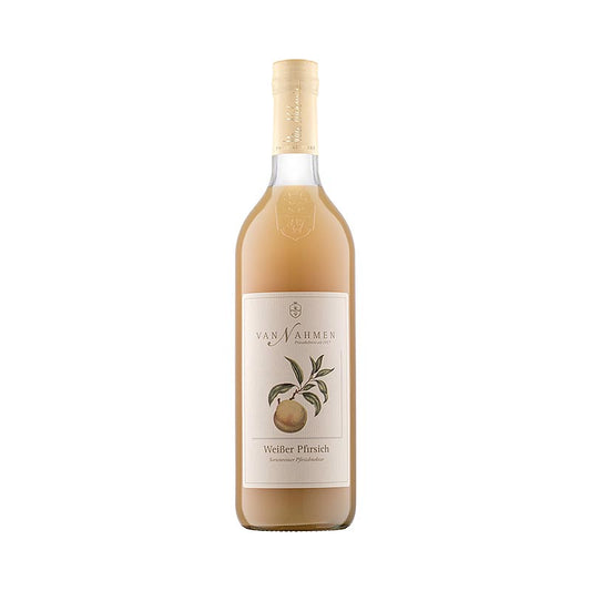 Bild eines 750 ml Flasche van Nahmen Weißer Pfirsichnektar 50% Direktsaft, hergestellt aus der Sorte Weißer Pfirsich, vollmundiger Geschmack, ohne Zusätze oder Konservierungsmittel, hergestellt in der Mosterei und Privatkelterei van Nahmen im Rheinischen Hamminkeln
