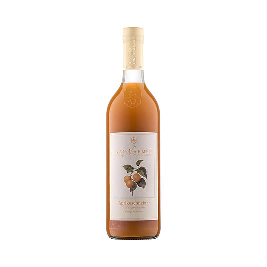 Aprikosennektar von van Nahmen, hergestellt aus der seltenen Orangé de Provence Aprikosensorte, mit ausgeprägtem Süße-Säure-Verhältnis, ohne Zusatzstoffe oder Aromen, traditionelle Obstverarbeitung in der Mosterei van Nahmen im Rheinischen Hamminkeln