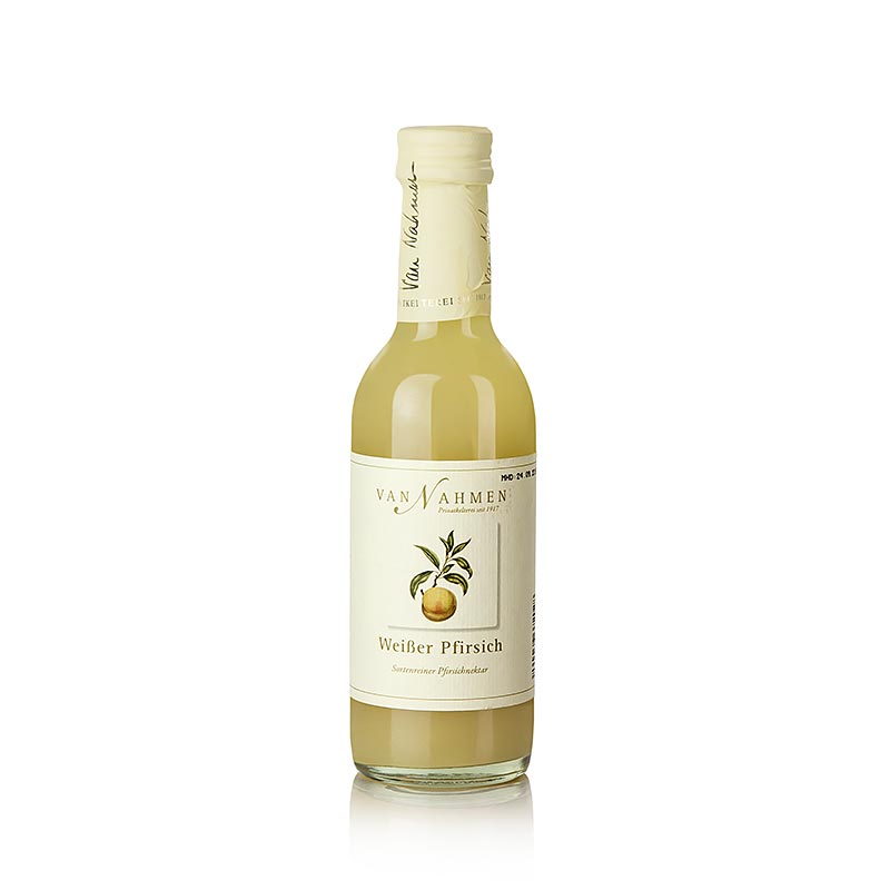 250 ml bottle of van Nahmen Weißer Pfirsichnektar, made with 50% Direktsaft, a delicious and refreshing white peach nectar (German)