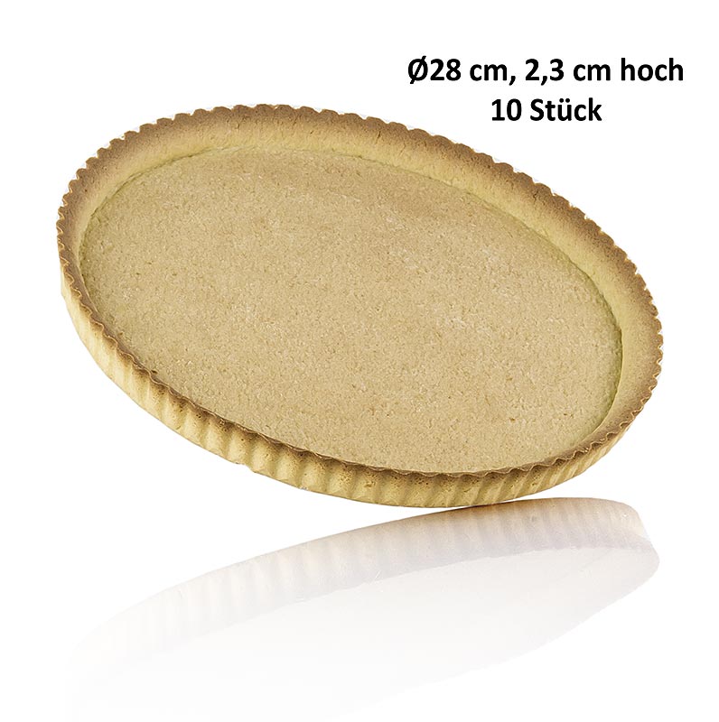 German:
Große runde Dessert-Tartelettes aus Butter-Mürbeteig, 28cm Durchmesser, 2,3cm hoch, von Pidy, 3,5 kg, Packung mit 10 Stück