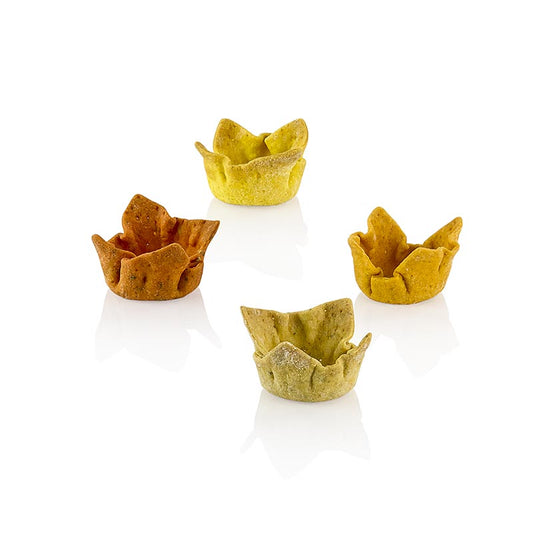 384g Packung mit 96 Stück würzigen Tartelettes (Cups) in den Geschmacksrichtungen Asian Curry, African-Falafel, Mexican-Chili und Pfeffer von Pidy, jeweils mit einem Durchmesser von 3cm und einer Höhe von 1,5cm