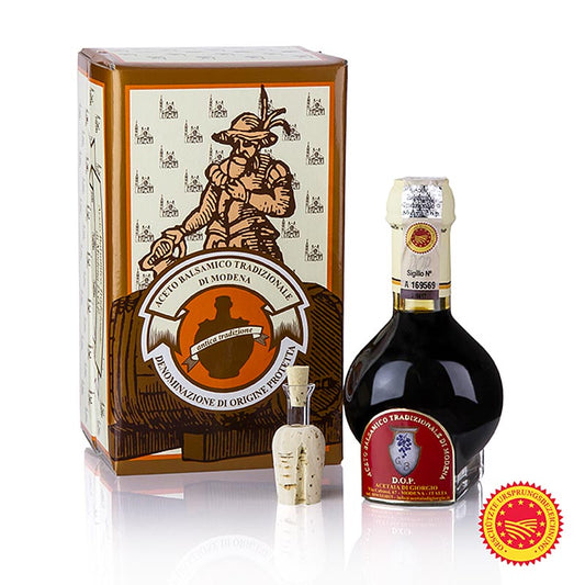 100 ml Flasche Aceto Balsamico Tradizionale di Modena gU, 12 Jahre, Acetaia di Giorgio, vorgestellt in der Sendung Der Delikatessenjäger im ZDF, perfekt für Rohkost, Eier, Carpaccio und rosa gebratenes Fleisch