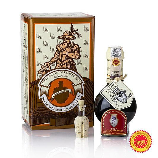 Aceto Balsamico Tradizionale DOP/gU, 12 J, Wacholderfass, Acetaia di Giorgio, 100 ml - Schwarze und sämige Köstlichkeit mit unverwechselbaren Aromen, geeignet für Wild, Fleisch und Carpaccio von Fisch, präsentiert in Der Delikatessenjäger im ZDF