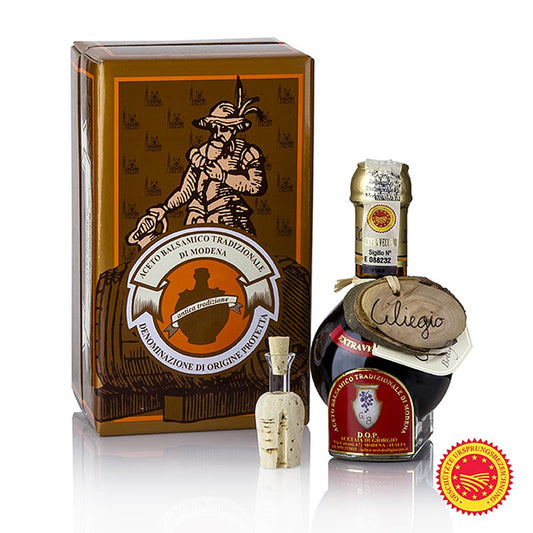 Aceto Balsamico Tradizionale DOP/gU, 25 Jahre, Kirschfass, Acetaia di Giorgio, 100 ml - Schwarzer und sämiger Balsamico mit Aromen von dunklen Wildkirschen, perfekt zu Panna Cotta, Erdbeeren und Vanille-Eis, als fruchtiger Digestiv geeignet