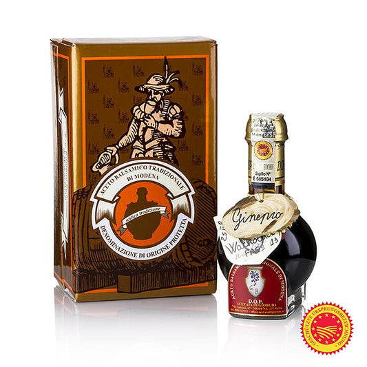 Aceto Balsamico Tradizionale DOP/gU, 25 J, Wacholderfass, Acetaia di Giorgio, 100 ml - Schwarzer und sämiger Balsamico mit würzigem und holzigem Aroma, perfekt für Wildgerichte, Schmorbraten und Pilzgerichte, nach 25 Jahren Reifung im Wacholderfass Vorgestellt in Der Delikatessenjäger im ZDF