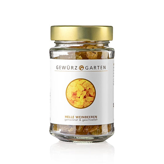 Gewürzgarten Weinbeeren, geschwefelt (ähnlich Sultaninen), 120 g - Helle Weinbeeren, die durch schonende Trocknung in der Sonne und im Schatten eine natürliche Fruchtsüße entwickeln Ideal für Müsli, Salate, Desserts, Pilaw, Kuchen, Currys, Füllungen und Schmorgerichte