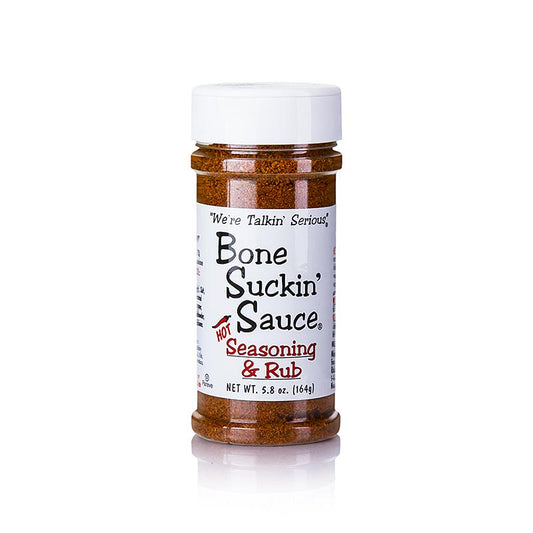Scharfe BBQ-Gewürzzubereitung Bone Suckin' Hot Seasoning & Rub von Ford's Food, ideal zum Würzen von Fleisch, Fisch und Gemüse, verleiht Gerichten einen aufregenden Kick