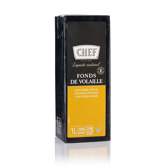 CHEF Fond Geflügelfond, flüssig, küchenfertig, 1 l - hochwertiger Geflügelfond für die Zubereitung von Suppen und Saucen, ohne Zusatz von Konservierungsmitteln, Geschmacksverstärkern oder Farbstoffen, exakte Kalkulation und küchenfertige Anwendung