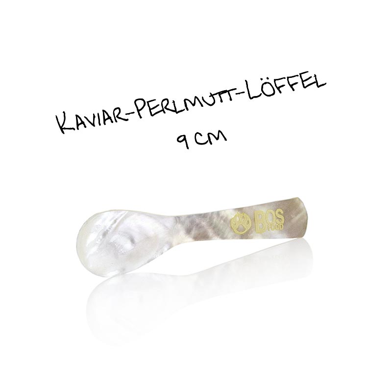 Perlmuttlöffel zur Verwendung für Kaviar, mit BOS FOOD-Logo, 9cm