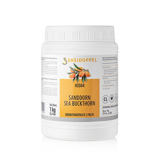 Fruchtpaste Sanddorn-Paste, Dreidoppel, No435, 1 kg, zur Aromatisierung von Cremes, Sahne, Quark, Desserts, Pralinen, Eis, mit natürlichen Aromastoffen, Invertzucker- und Glukosesirup, Sanddornmark und Orangensaft