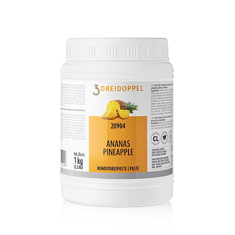 Ananas-Paste, Dreidoppel, No 209, 1 kg - Fruchtpaste zur Aromatisierung von Cremes, Sahne, Quark, Desserts, Pralinen und Eisprodukten, hergestellt aus Ananassaft, Ananasfruchtstücken, Aromastoffen, Invertzucker- und Glukosesirup