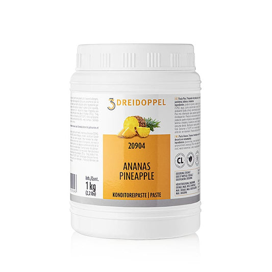 Ananas-Paste, Dreidoppel, No 209, 1 kg - Fruchtpaste zur Aromatisierung von Cremes, Sahne, Quark, Desserts, Pralinen und Eisprodukten, hergestellt aus Ananassaft, Ananasfruchtstücken, Aromastoffen, Invertzucker- und Glukosesirup