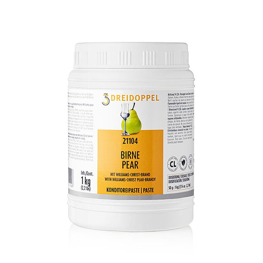 Fruchtpaste Williamsbirnen-Paste von Dreidoppel No211, 1 kg zur Aromatisierung von Cremes, Sahne, Quark, Desserts, Pralinen und Eis mit Birnenstücken, Glukose- und Invertzuckersirup