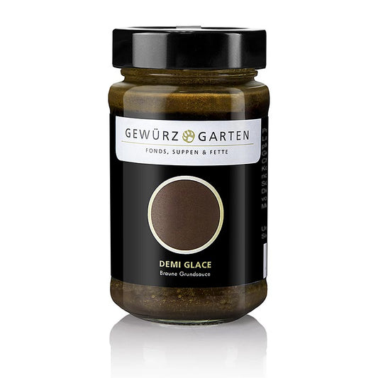 Gewürzgarten Demi Glace, küchenfertig, 225 ml - Klassisch hergestellte Sauce aus Kalbsknochen, Mire Poix und Rotwein, gewürzt mit Rosmarin, Thymian, Nelke, Wacholder und Knoblauch, ideal zur Verfeinerung von Braten, Schmorgerichten und Saucen mit Sahne, Sherry, Portwein oder Fond